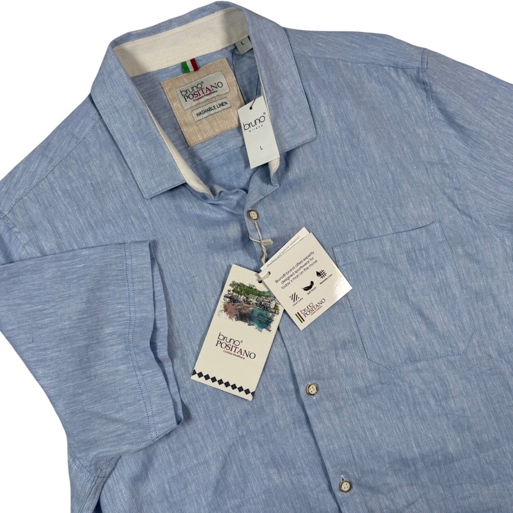 NWT Bruno Positano Men L Blue Washable Linen Shirt Short Sleeve Coastal Minimal
